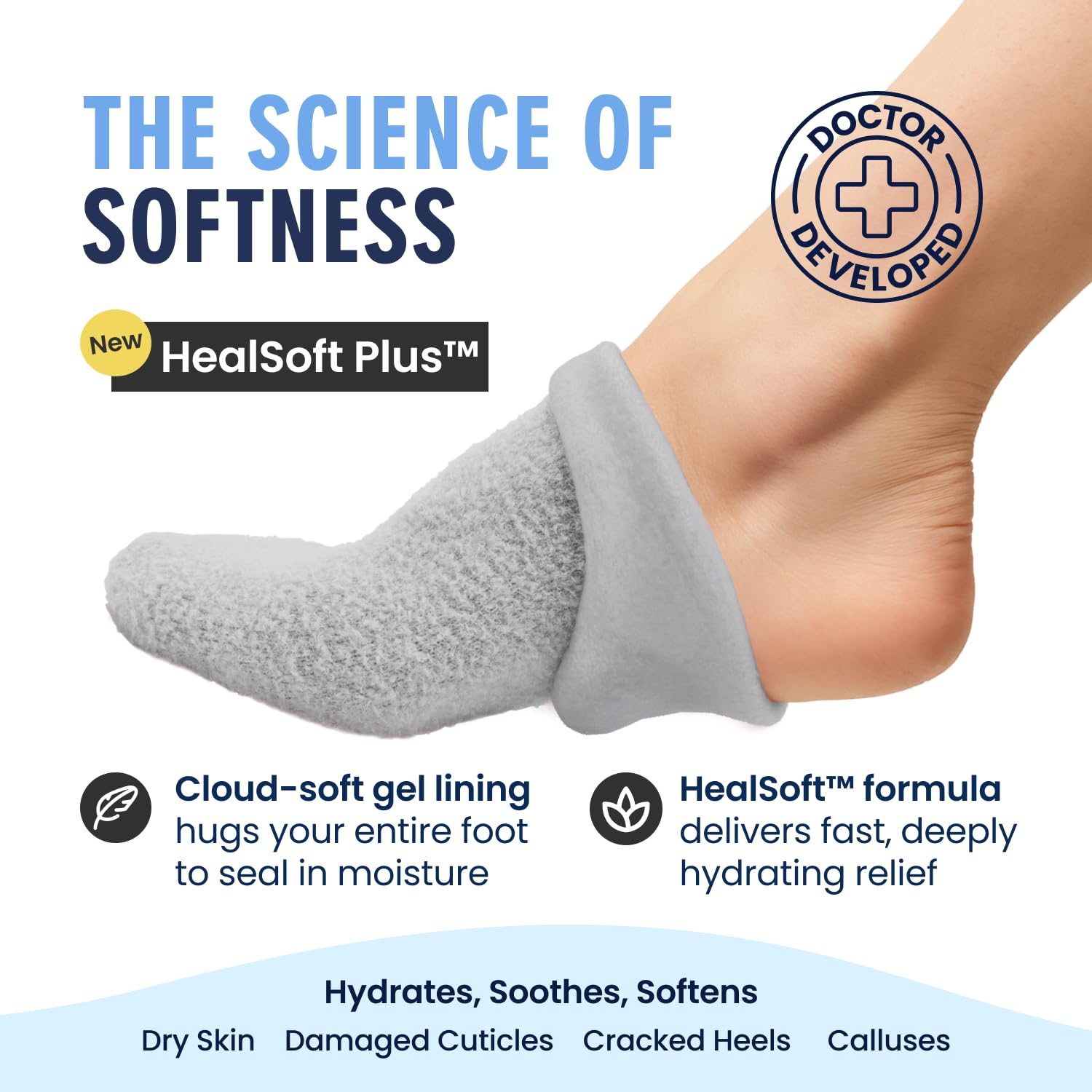 Full-foot gel lining interior of Dr. Frederick’s moisturizing socks