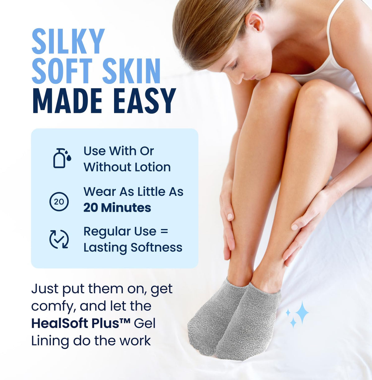 Demonstration of scrunching and sliding on the moisturizing gel socks