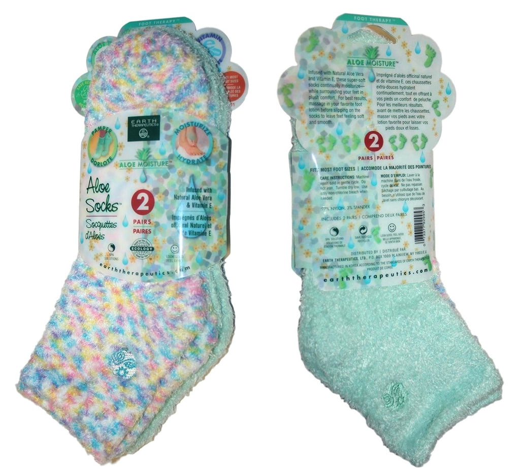 Close up of plush knit texture and colors of Earth Therapeutics aloe socks