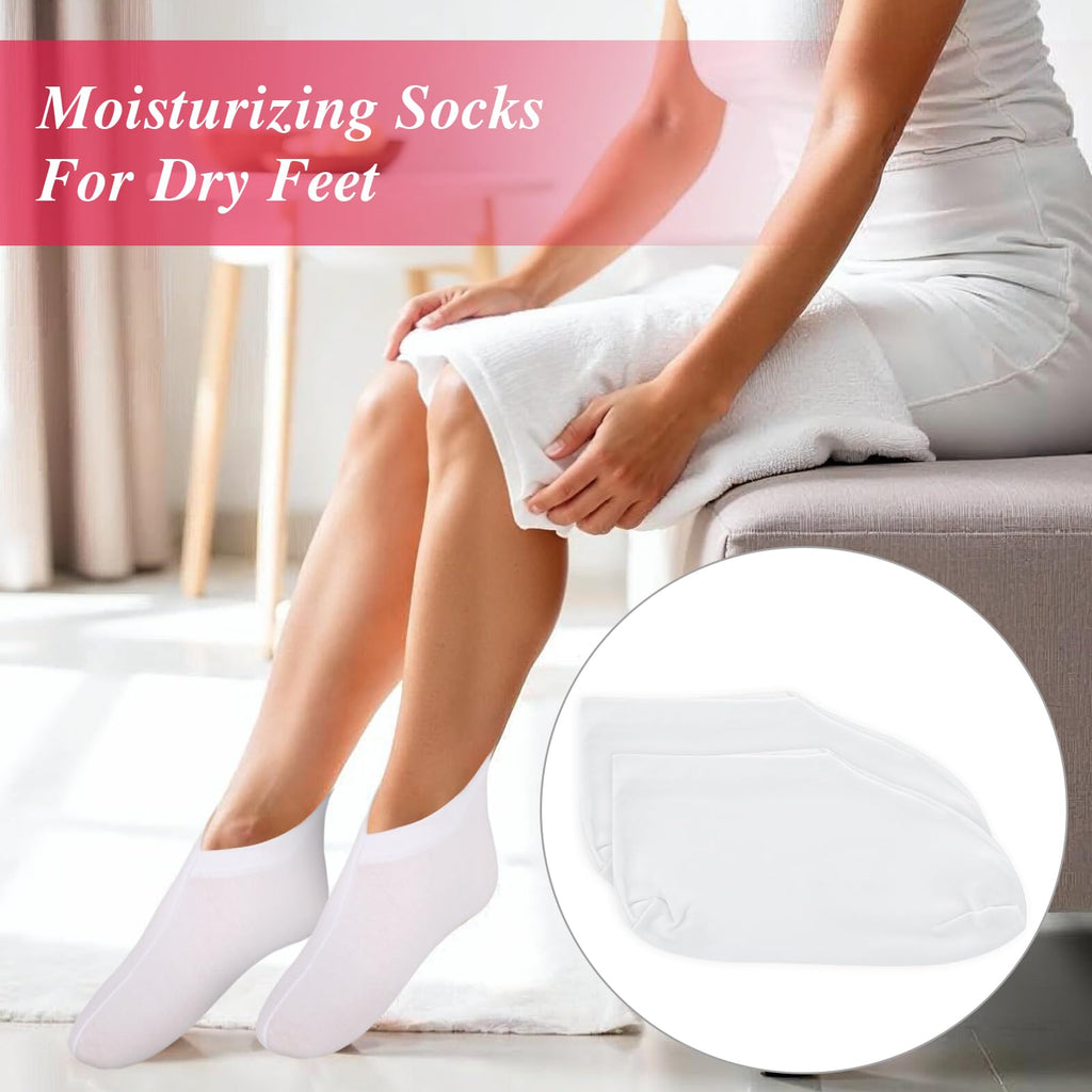 Full ten pack of white spa socks laid out flat