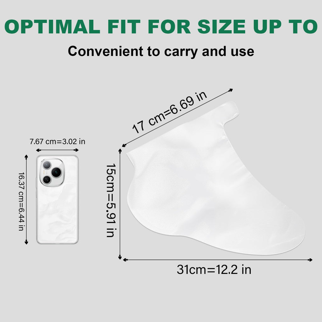 Transparent polyethylene plastic foot liners laid flat showing extra large dimensions
