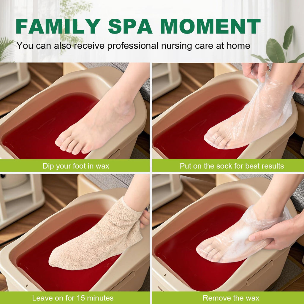 Demonstration of foot covers applied during a paraffin wax spa treatment