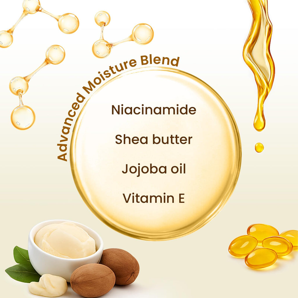 Product box displaying key ingredients like shea butter and jojoba oil