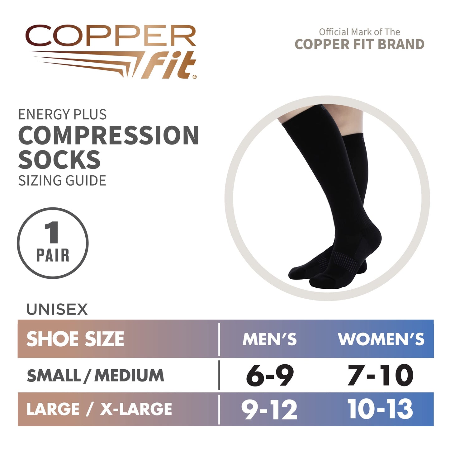 Copper Fit knee high socks packaging and size guide