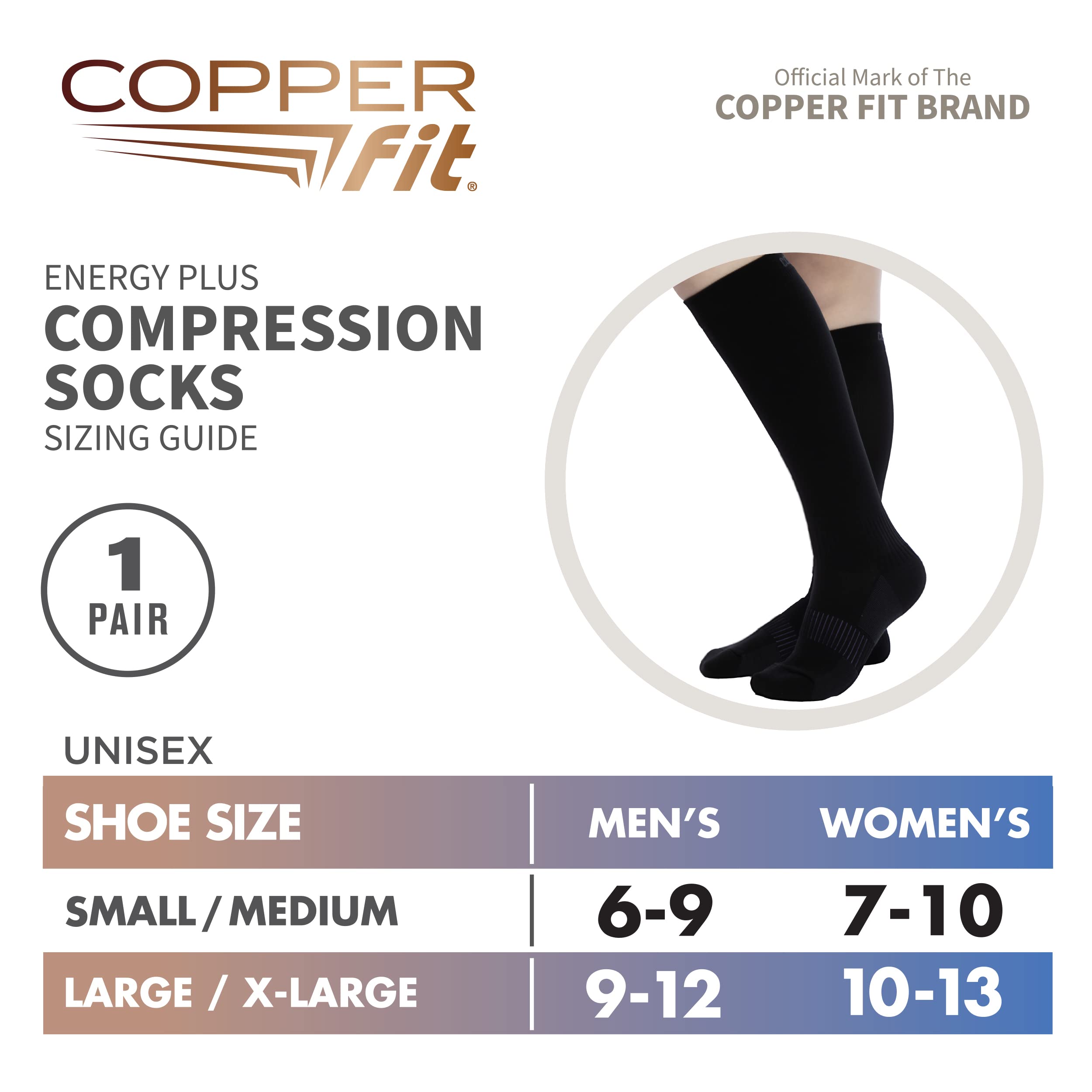 Copper Fit knee high socks packaging and size guide
