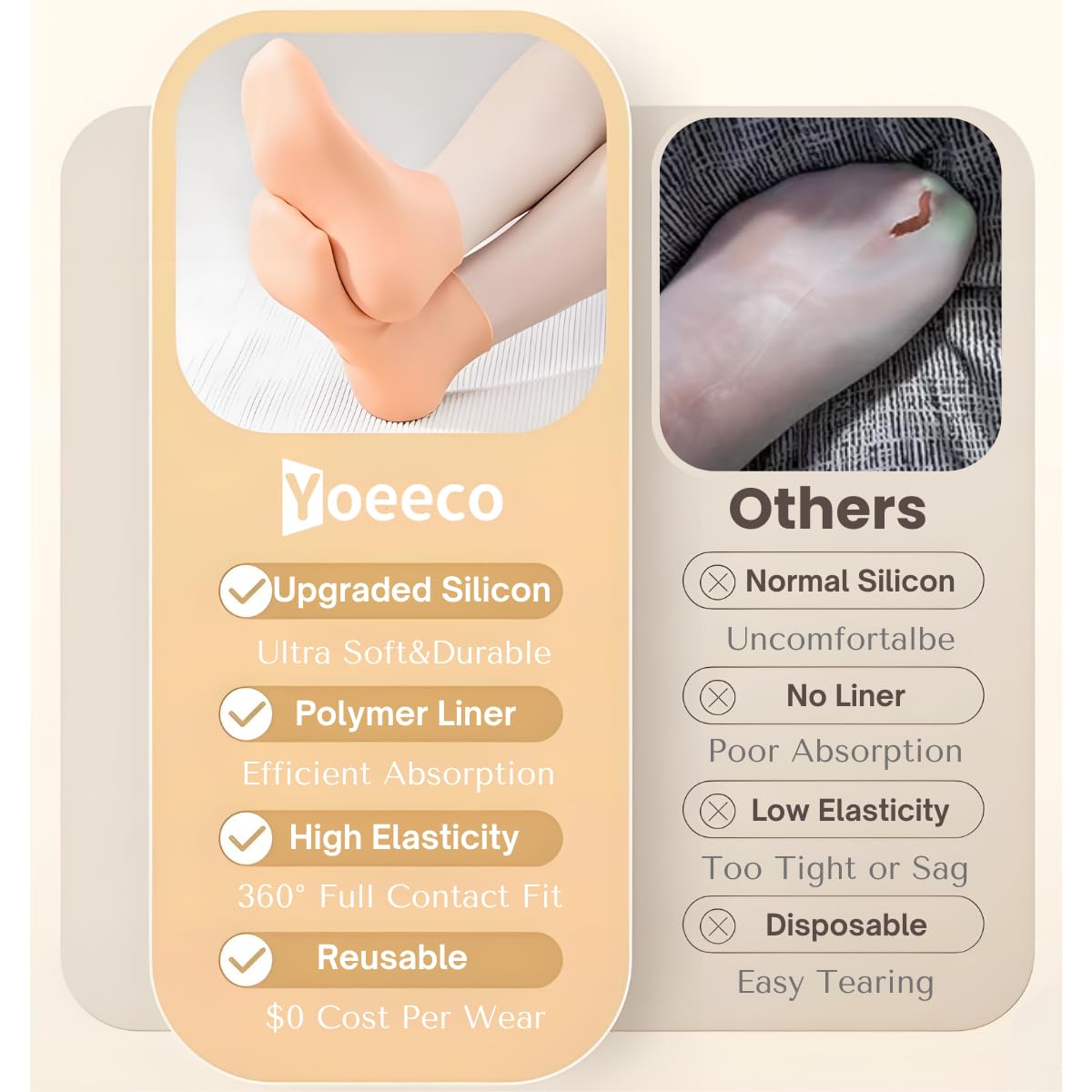 Side profile of Yoeeco moisturizing gel socks showing flexible and durable structure