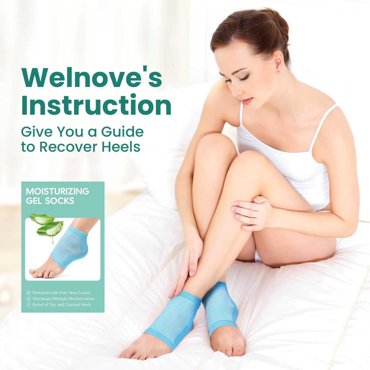 Welnove product packaging and heel socks ready for daily use