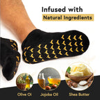 Demonstration of men foot peel socks worn on feet for heel repair