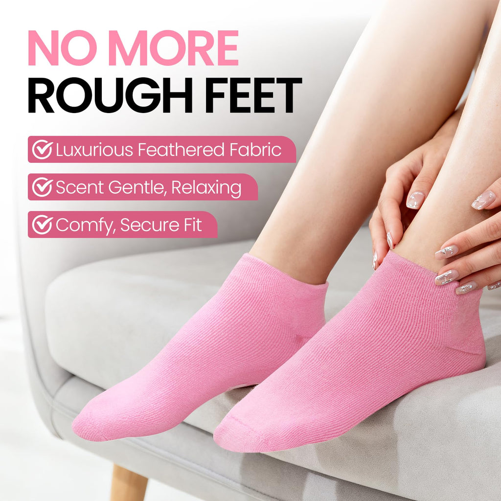 Model feet wearing pink spa gel treatment socks indoors
