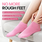 Model feet wearing pink spa gel treatment socks indoors
