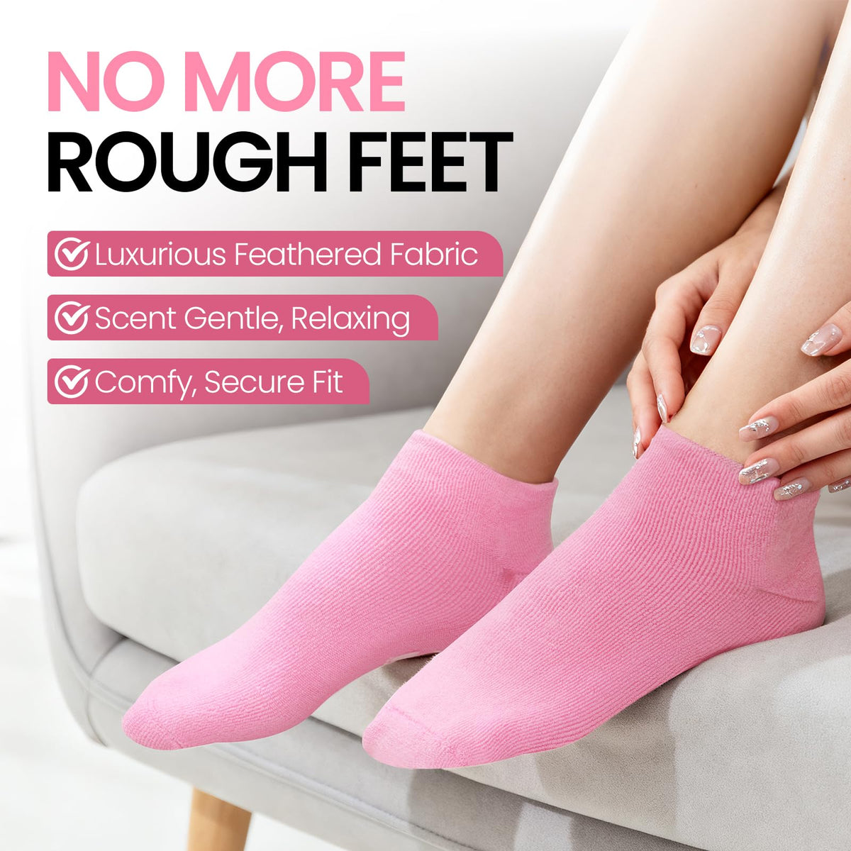 Model feet wearing pink spa gel treatment socks indoors