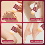 Close up view of the cracked heel balm texture and natural ingredients application