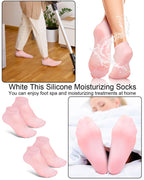 Two pairs of pink silicone foot socks laid flat for display