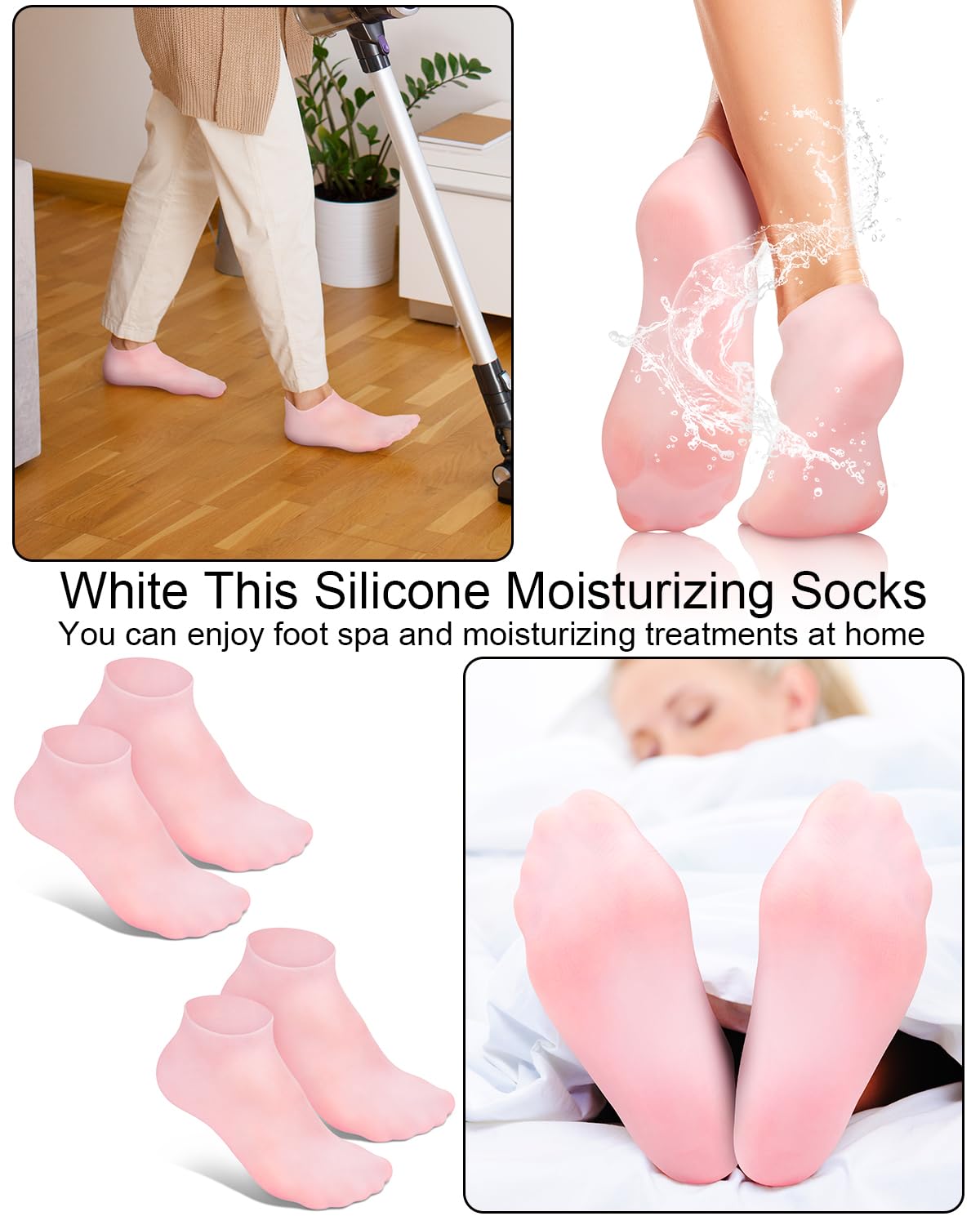 Two pairs of pink silicone foot socks laid flat for display