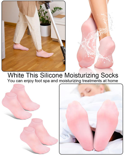 Two pairs of pink silicone moisturizing socks for pedicures