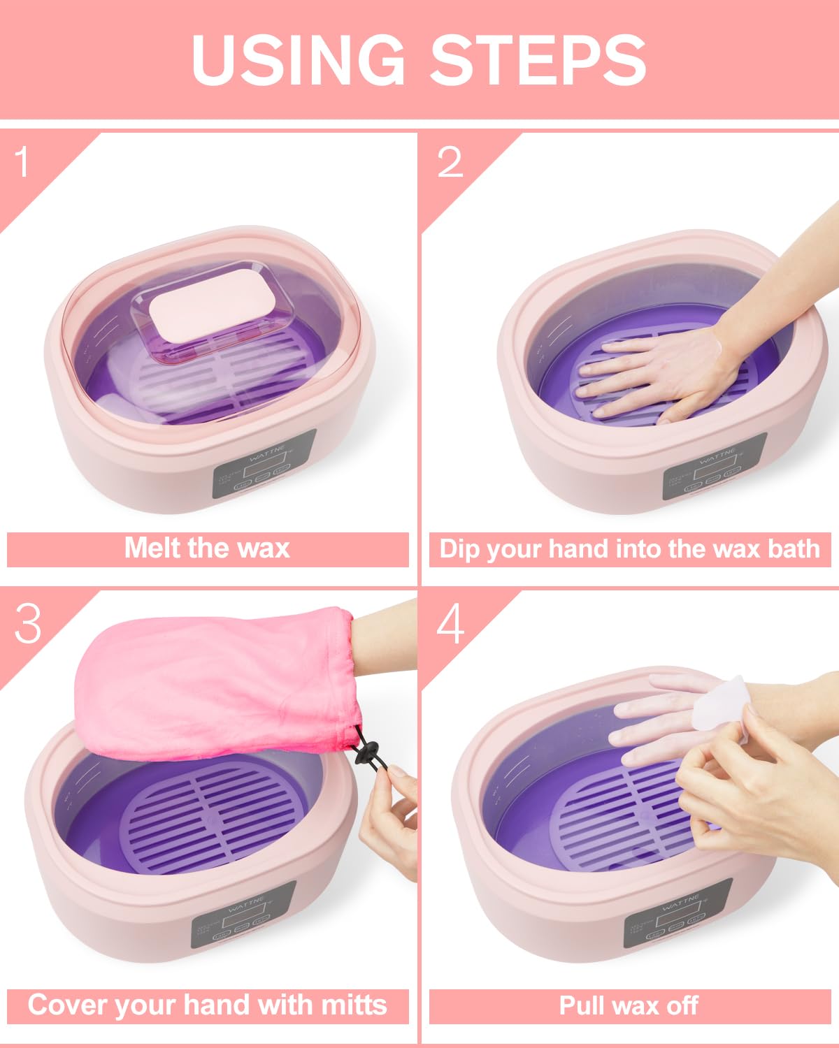 Wattne paraffin wax bath kit with included lavender and orange wax refills and thermal mitts.