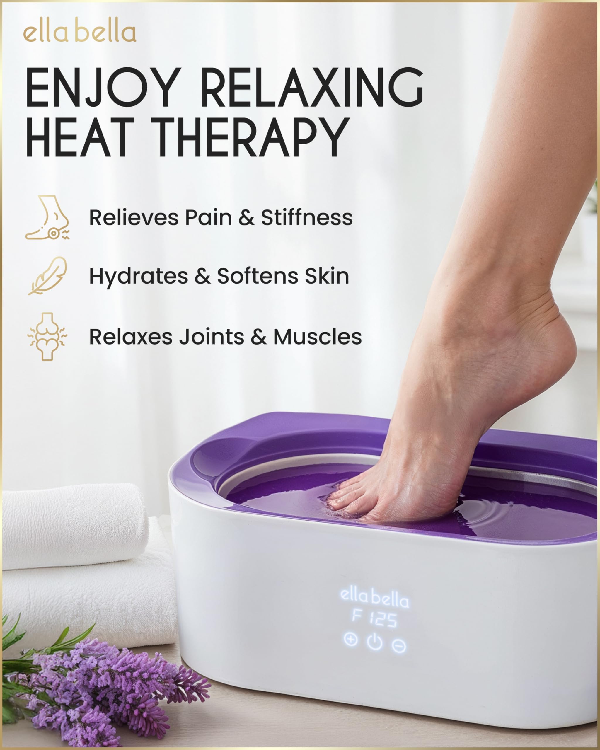 ELLA BELLA hot wax warmer displaying the four large lavender scented wax refills and application spatula