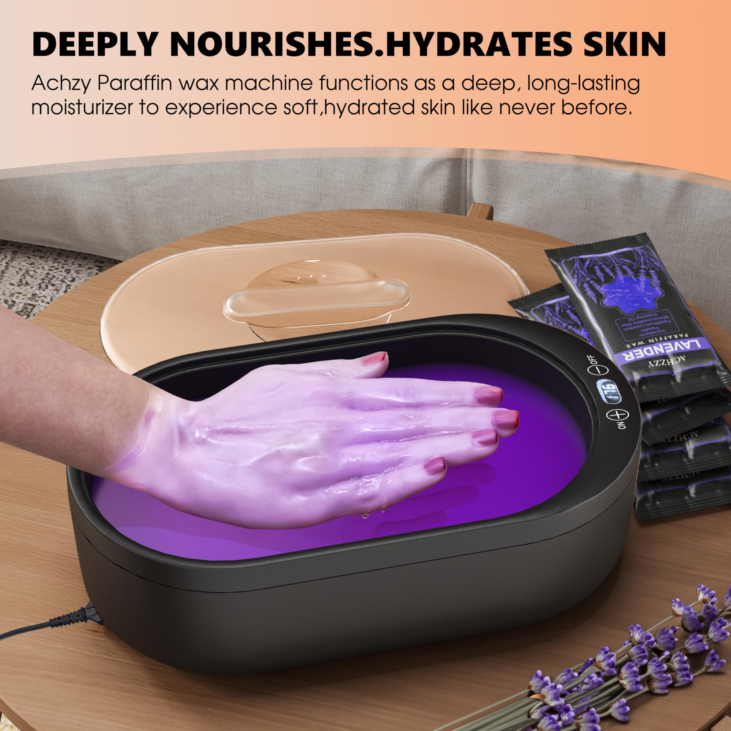 Achzzy paraffin bath machine highlighting the dual temperature and reservation timer mode buttons