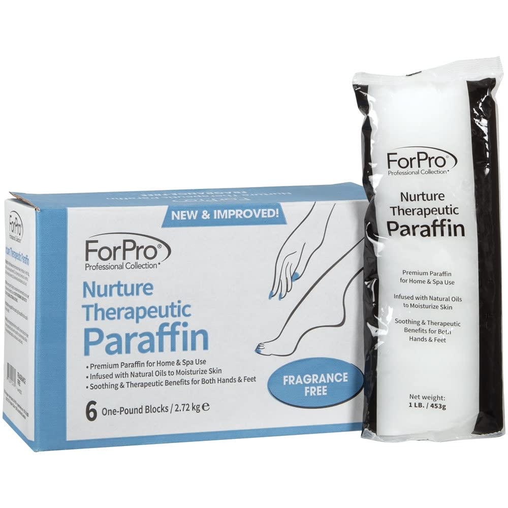 Six individually wrapped one pound blocks of ForPro fragrance free paraffin wax neatly arranged together.