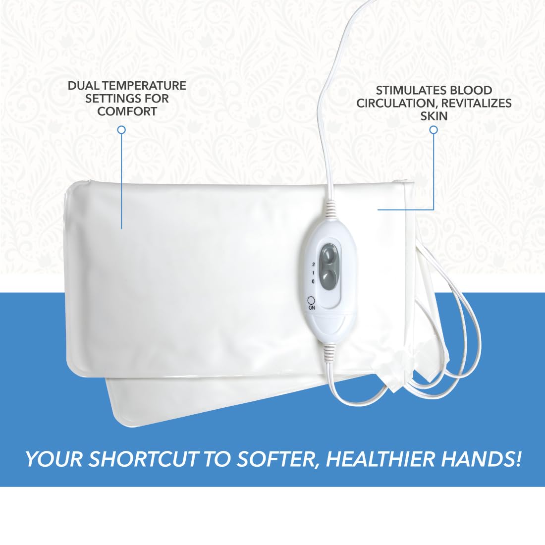 Oversized thirteen inch by seven inch electric beauty gloves showcasing the spacious entry for all hand sizes.