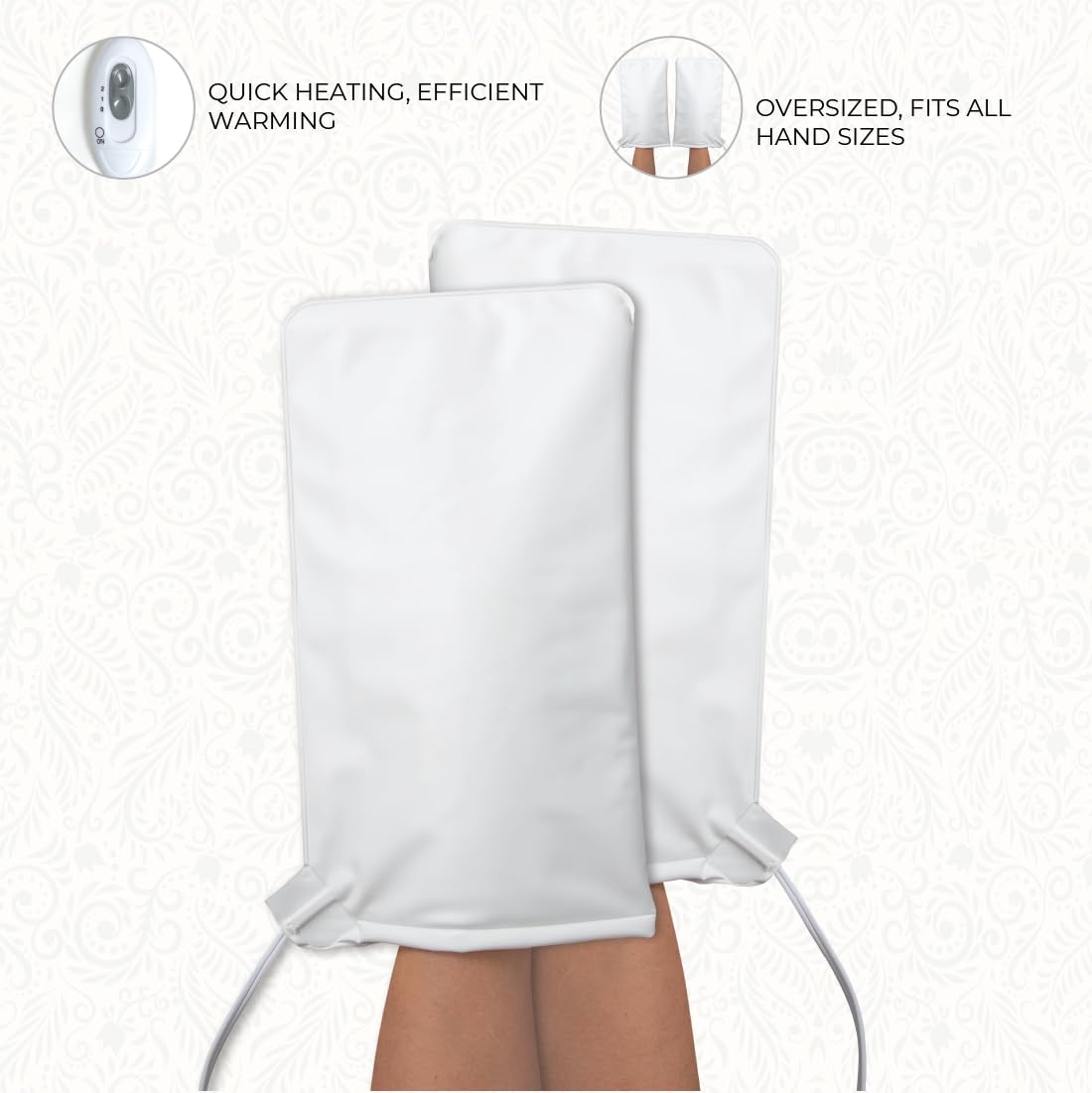 ForPro heated moisturizing gloves being used over protective hand liners during a premium paraffin wax treatment.