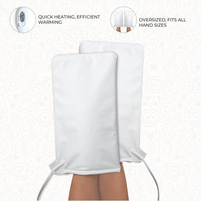 ForPro heated moisturizing gloves being used over protective hand liners during a premium paraffin wax treatment.