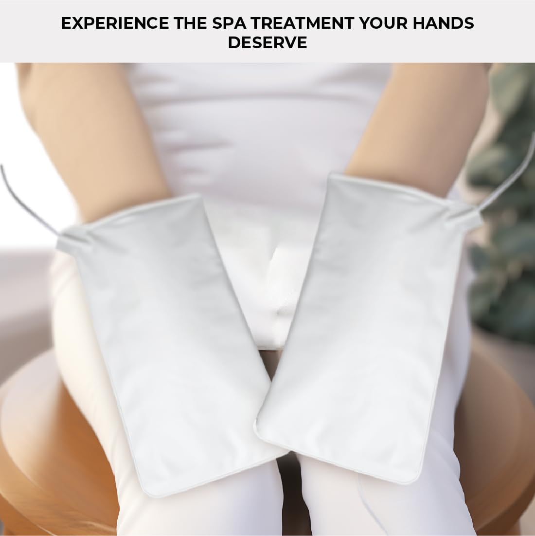 Premium thermal spa mitts highlighting the secure six foot long power cord attachment for safe electrical connection.