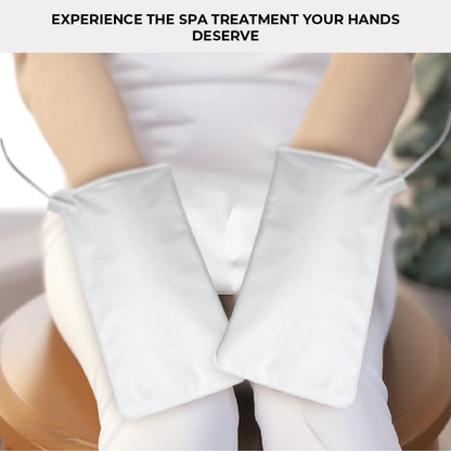 Premium thermal spa mitts highlighting the secure six foot long power cord attachment for safe electrical connection.
