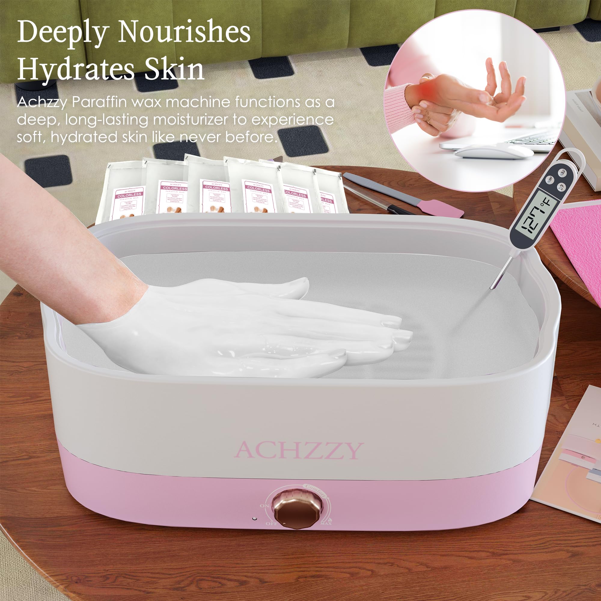 Deep conditioning thermal wax treatment for rough feet and heels rejuvenation