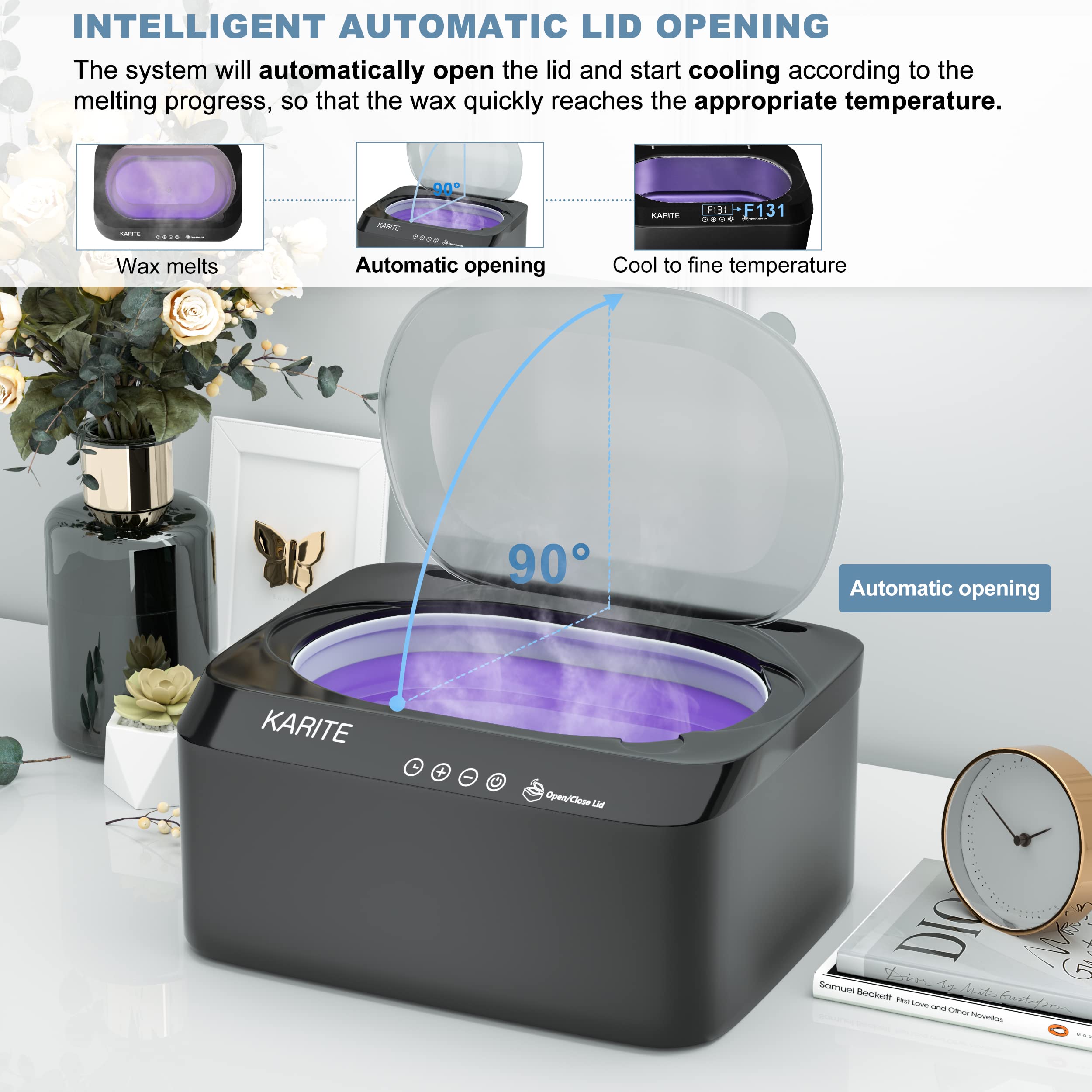 Karite professional paraffin warmer kit showcasing included lavender wax refills and insulated pink hand mitts.