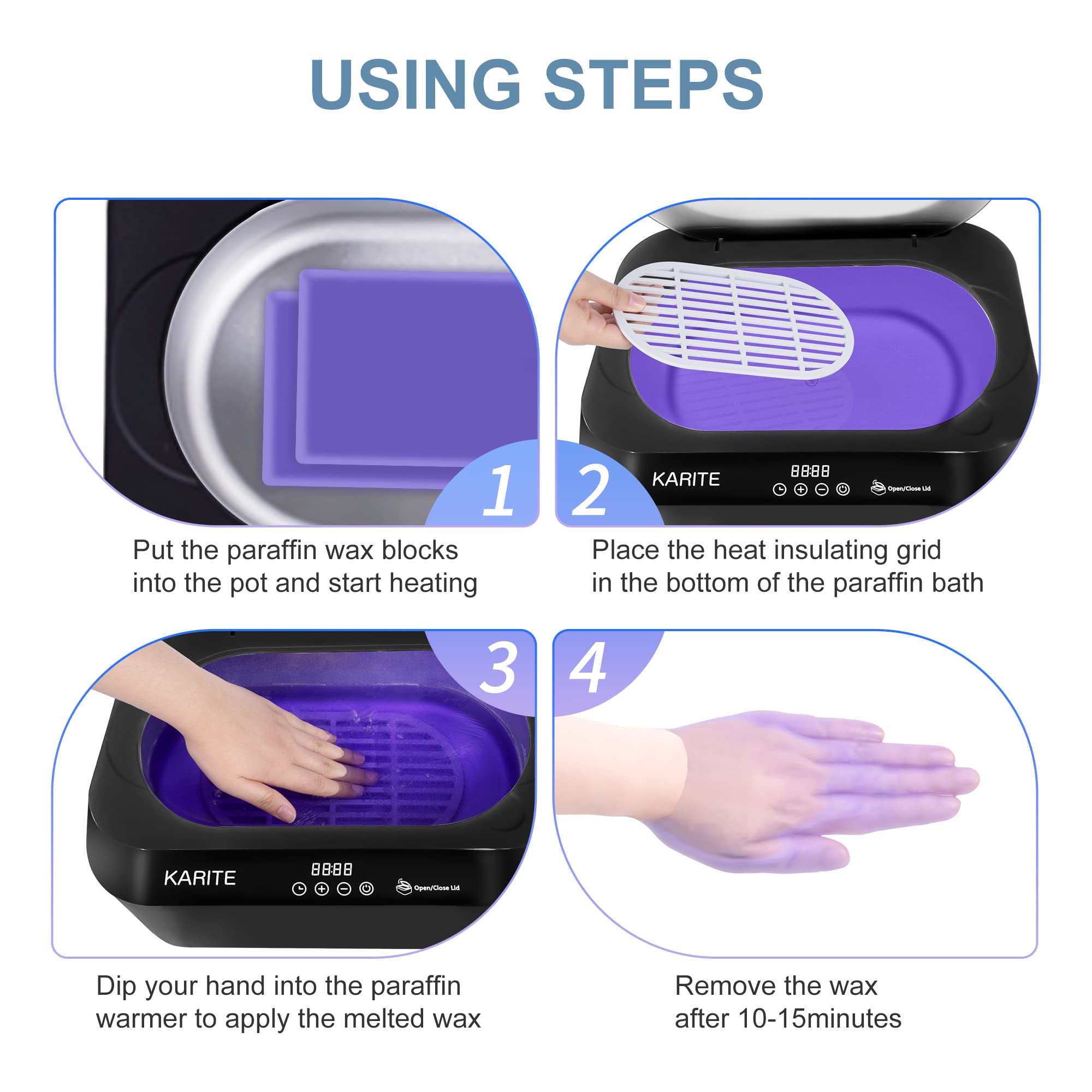 Close up view of the automatic opening lid feature on the Karite home spa wax melting device.