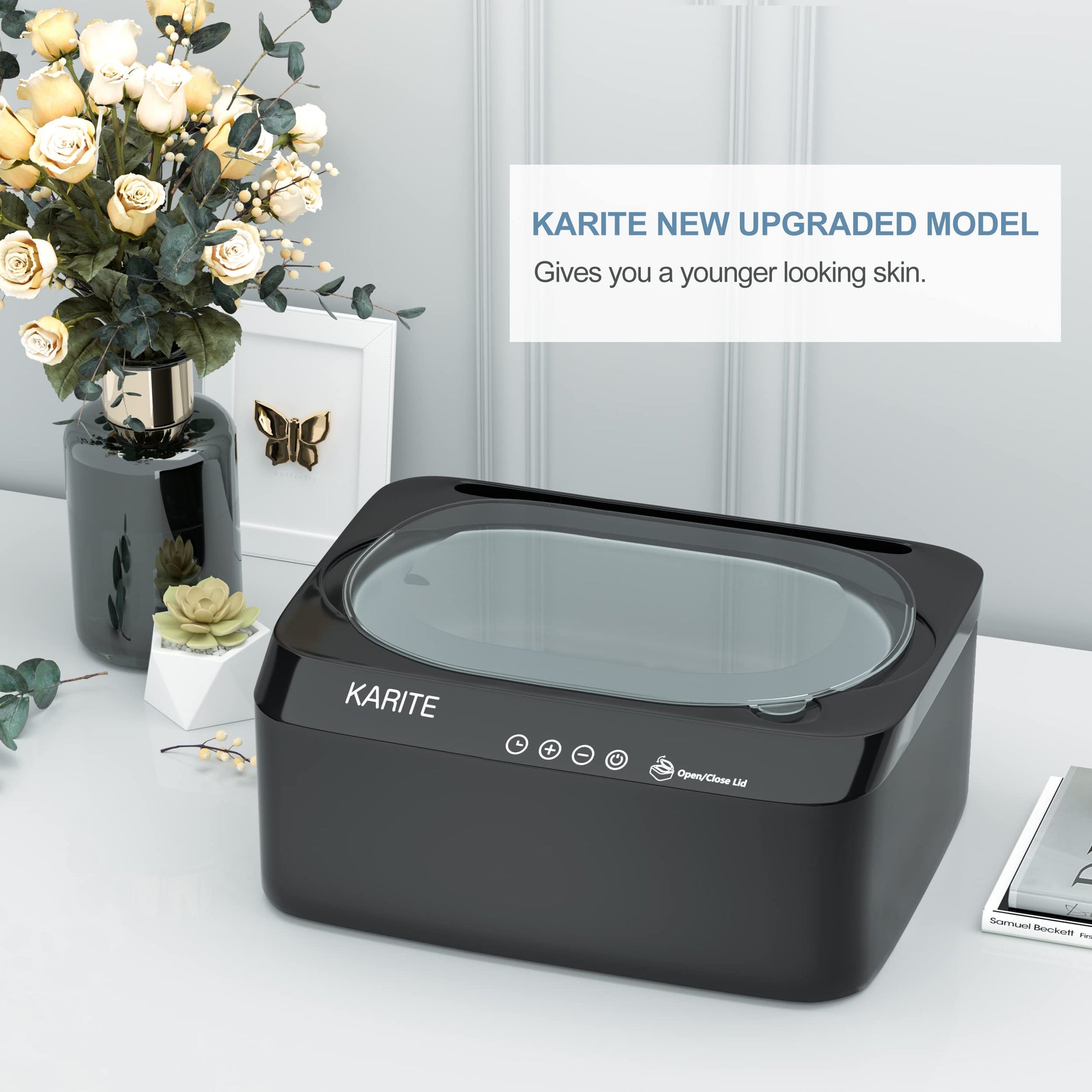 Rear view highlighting the power switch and electrical safety components of the Karite professional wax device.