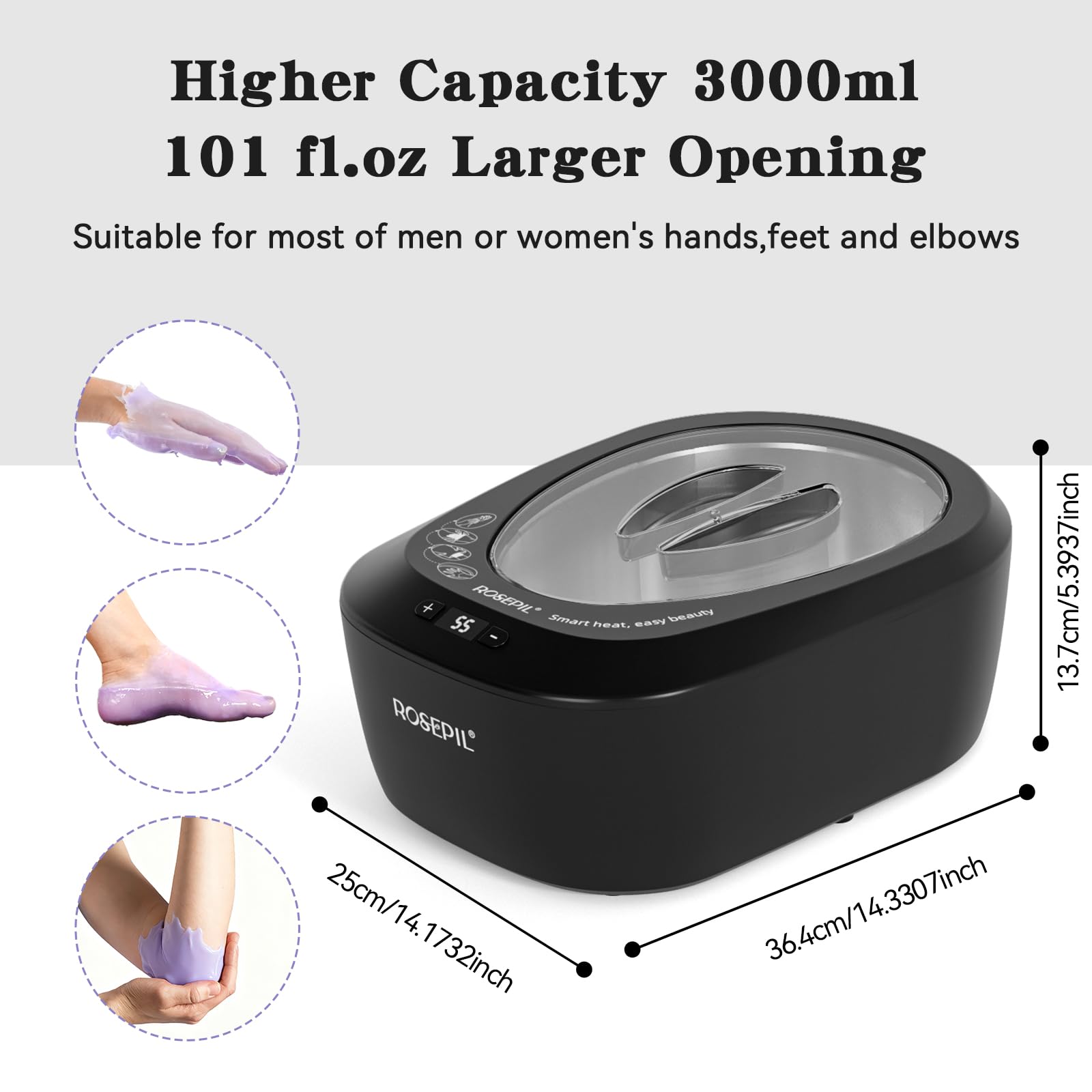 Rosepil black paraffin wax machine being used for a soothing hand moisturizing spa treatment