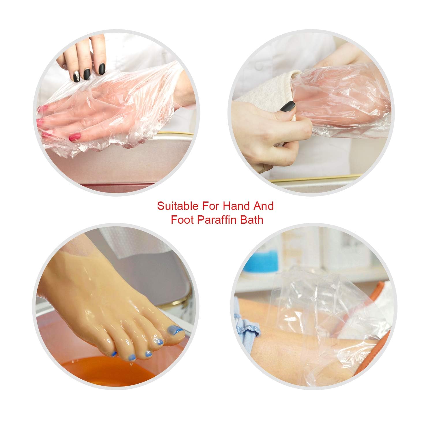 Sumind plastic bath gloves being applied over a paraffin wax hand treatment
