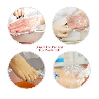 Sumind plastic bath gloves being applied over a paraffin wax hand treatment