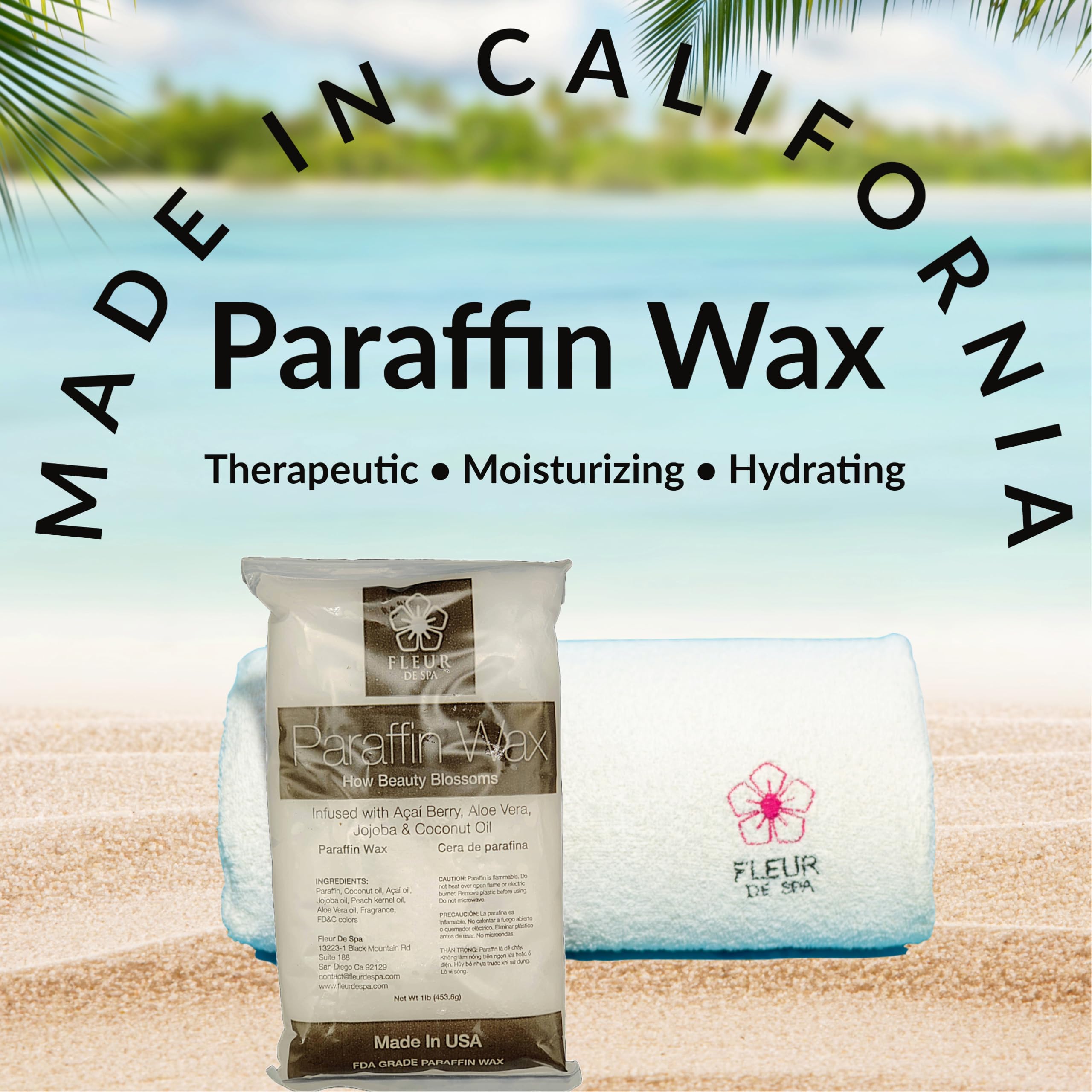 Fleur De Spa unboxing showing the unscented one pound paraffin wax block