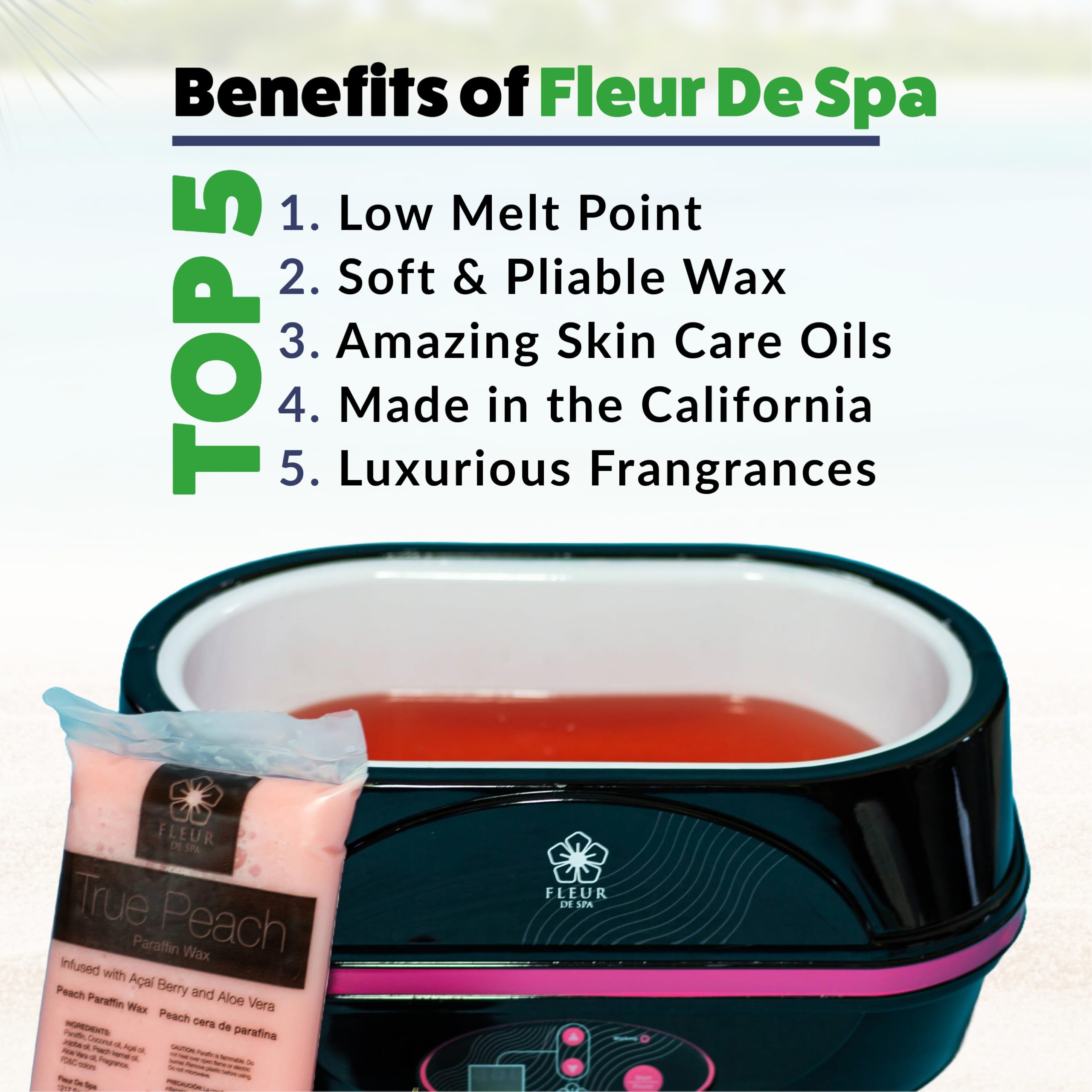 Paraffin wax machine showing melted Fleur De Spa wax for hand treatment