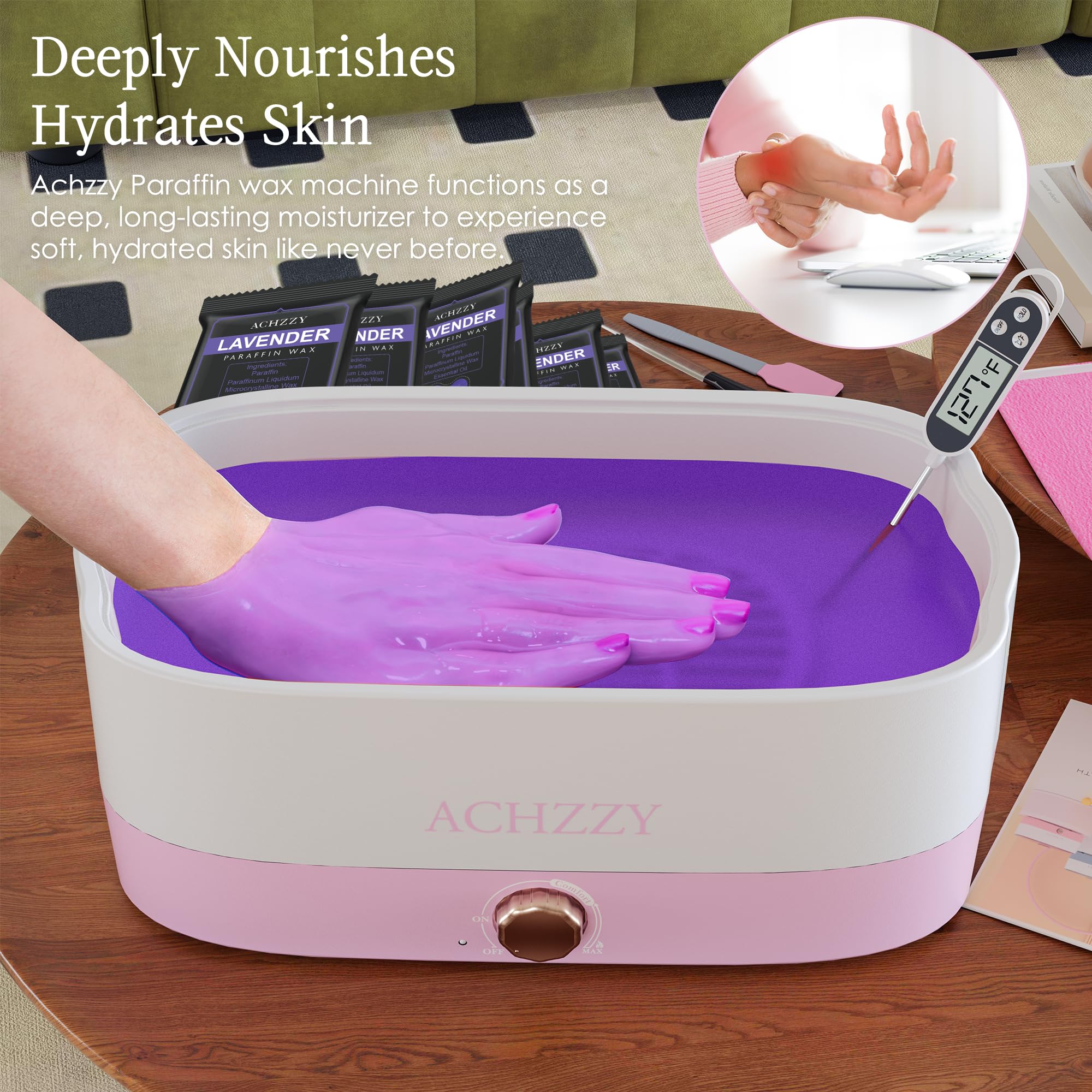 Achzzy paraffin wax deep moisturizing treatment on a person's foot