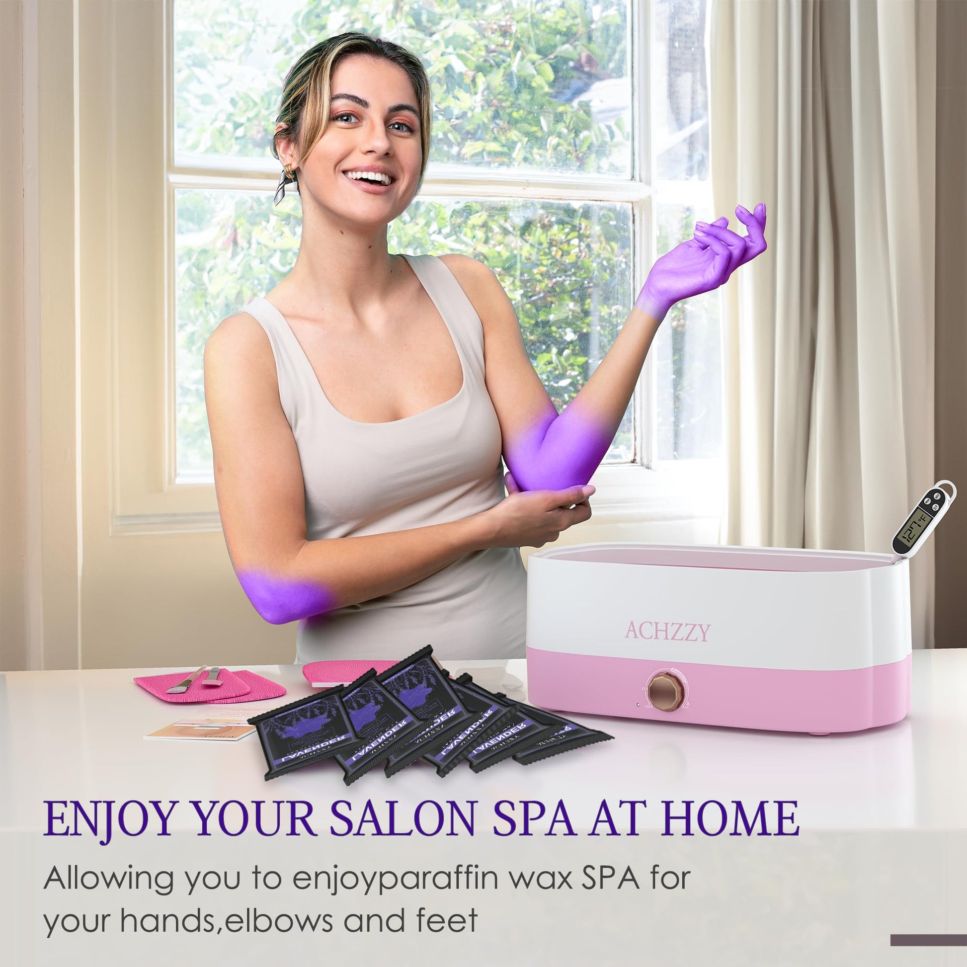 Peeling off hardened lavender paraffin wax from hands after home spa treatment
