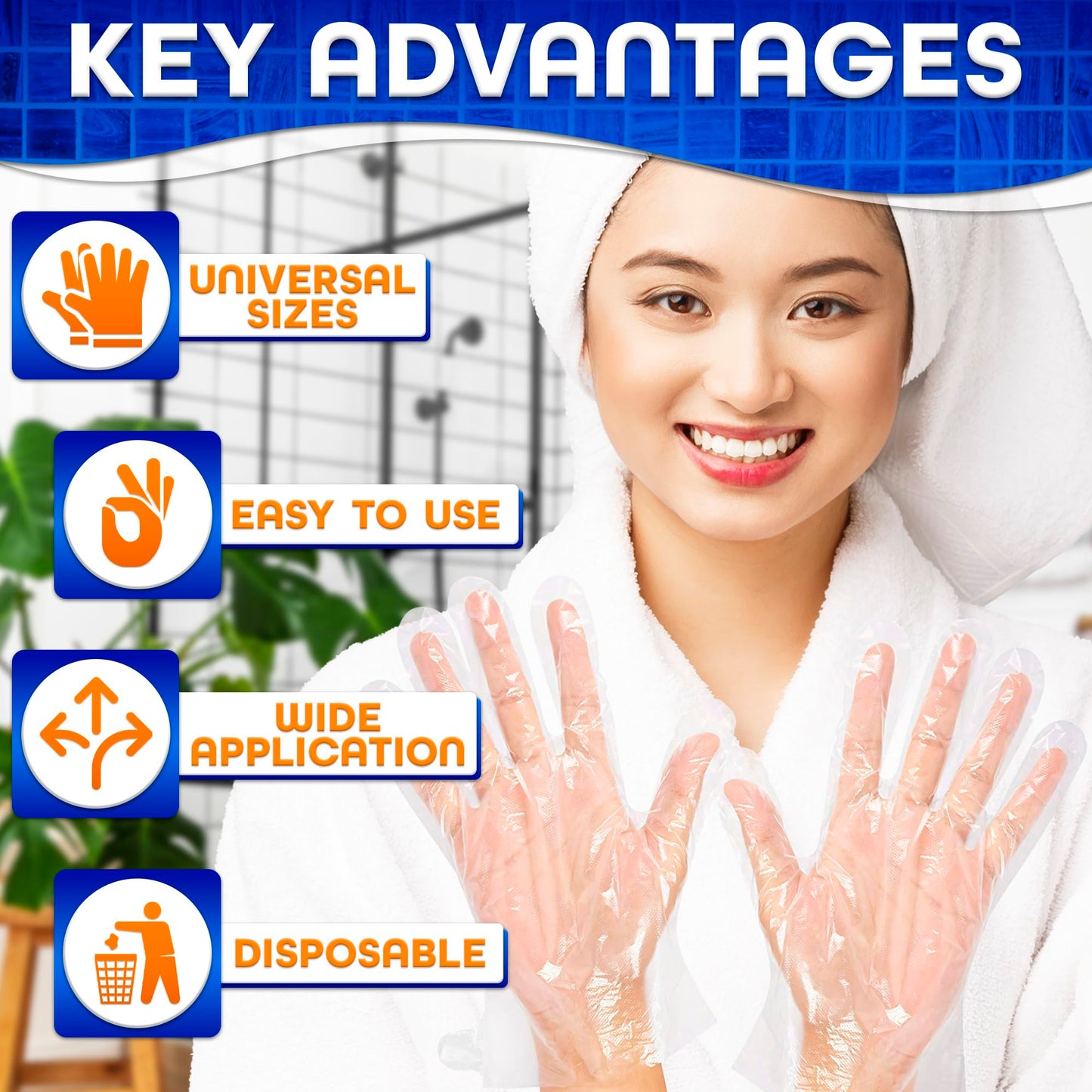 Leak proof clear gloves showing the adjustable hook and loop wrist closure tape details