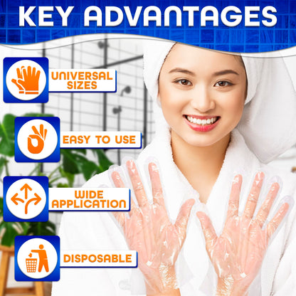 Leak proof clear gloves showing the adjustable hook and loop wrist closure tape details