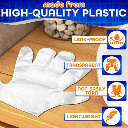 Two hundred piece bulk pack of lightweight transparent gloves spread out flat