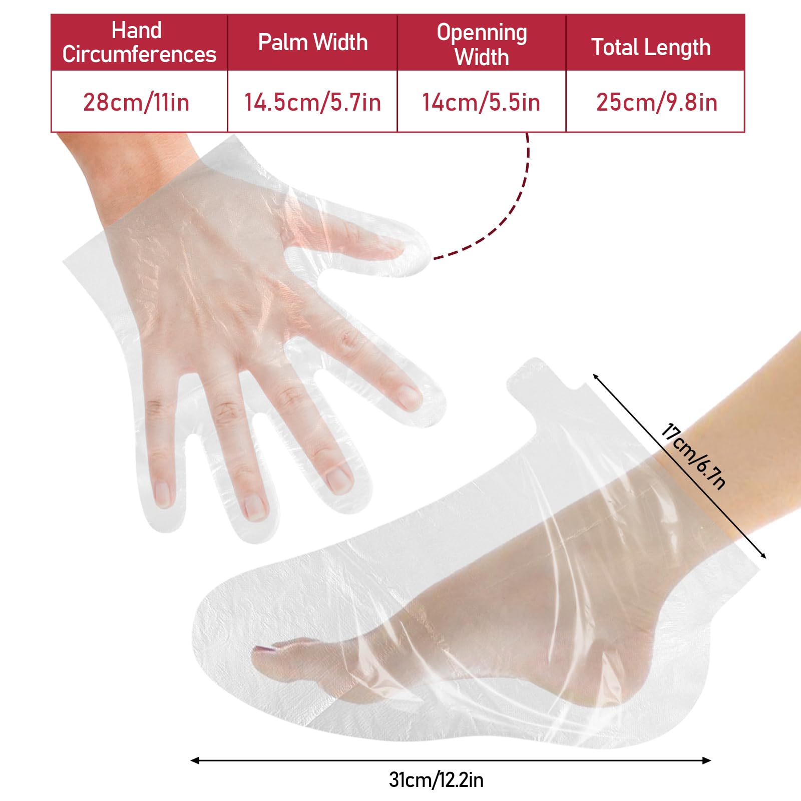 Thick transparent plastic foot liner bag being secured around an ankle using an adhesive sticker strip