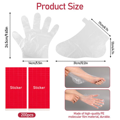 High quality waterproof polyethylene glove being worn over a hand for a paraffin bath skin treatment