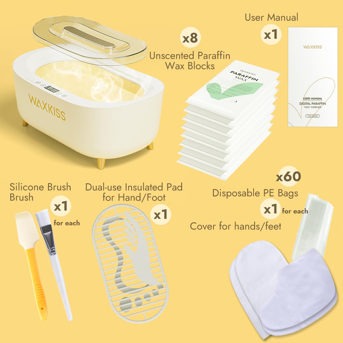 Waxkiss paraffin wax warmer kit with eight unscented wax blocks and plastic disposable hand covers.