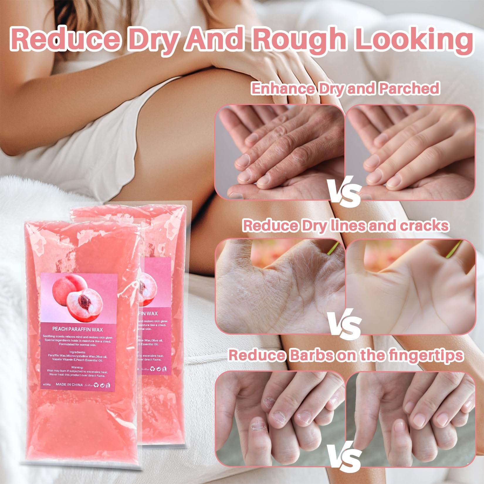 Hand being dipped into warm peach paraffin wax for intensive hydration therapy