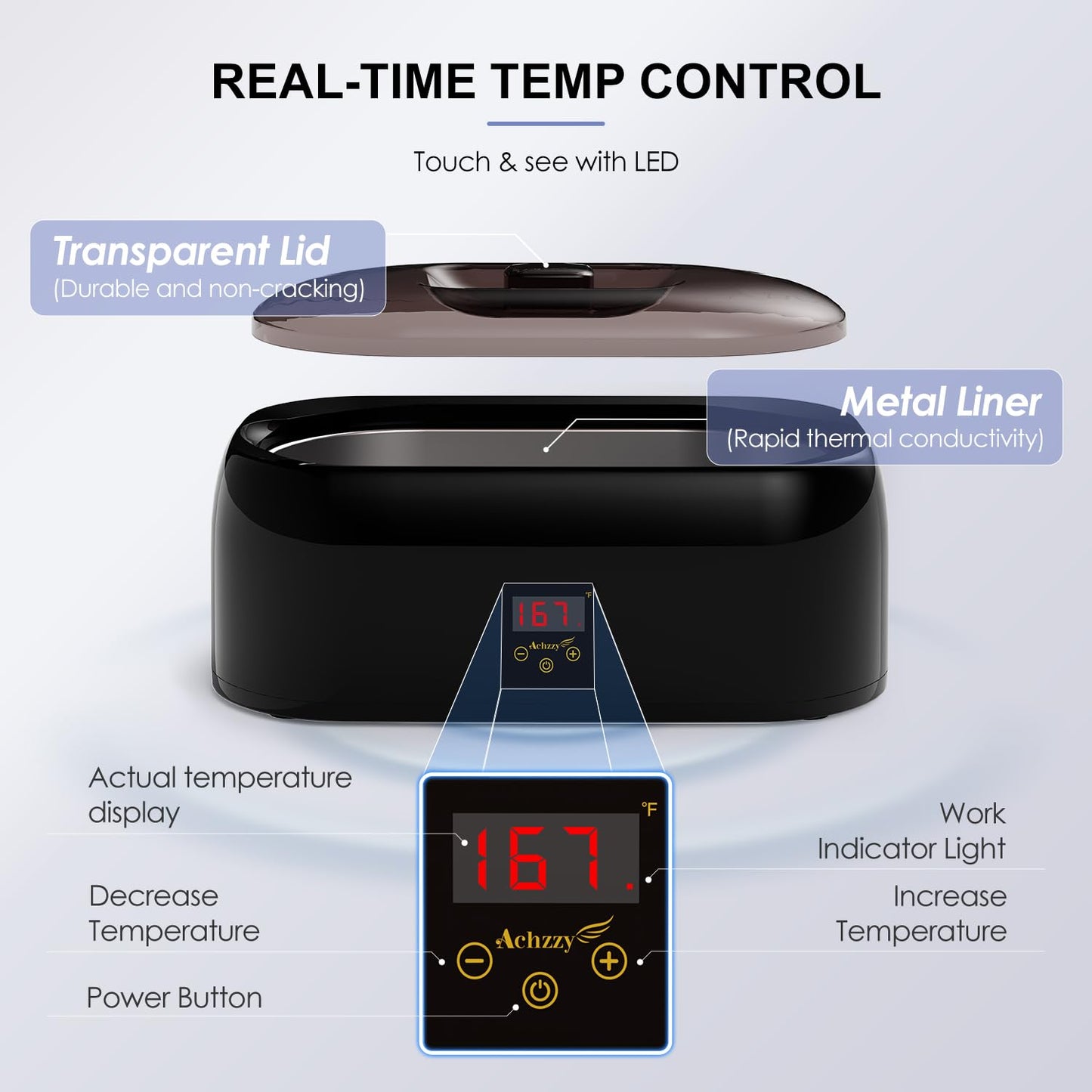 Achzzy professional wax warmer displaying the 200W thermal core rapid melting performance indicator