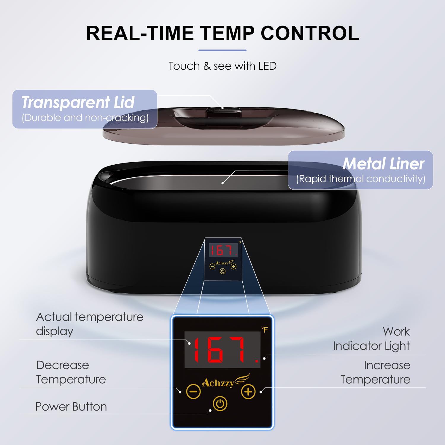 Achzzy professional wax warmer displaying the 200W thermal core rapid melting performance indicator