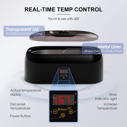 Achzzy professional wax warmer displaying the 200W thermal core rapid melting performance indicator