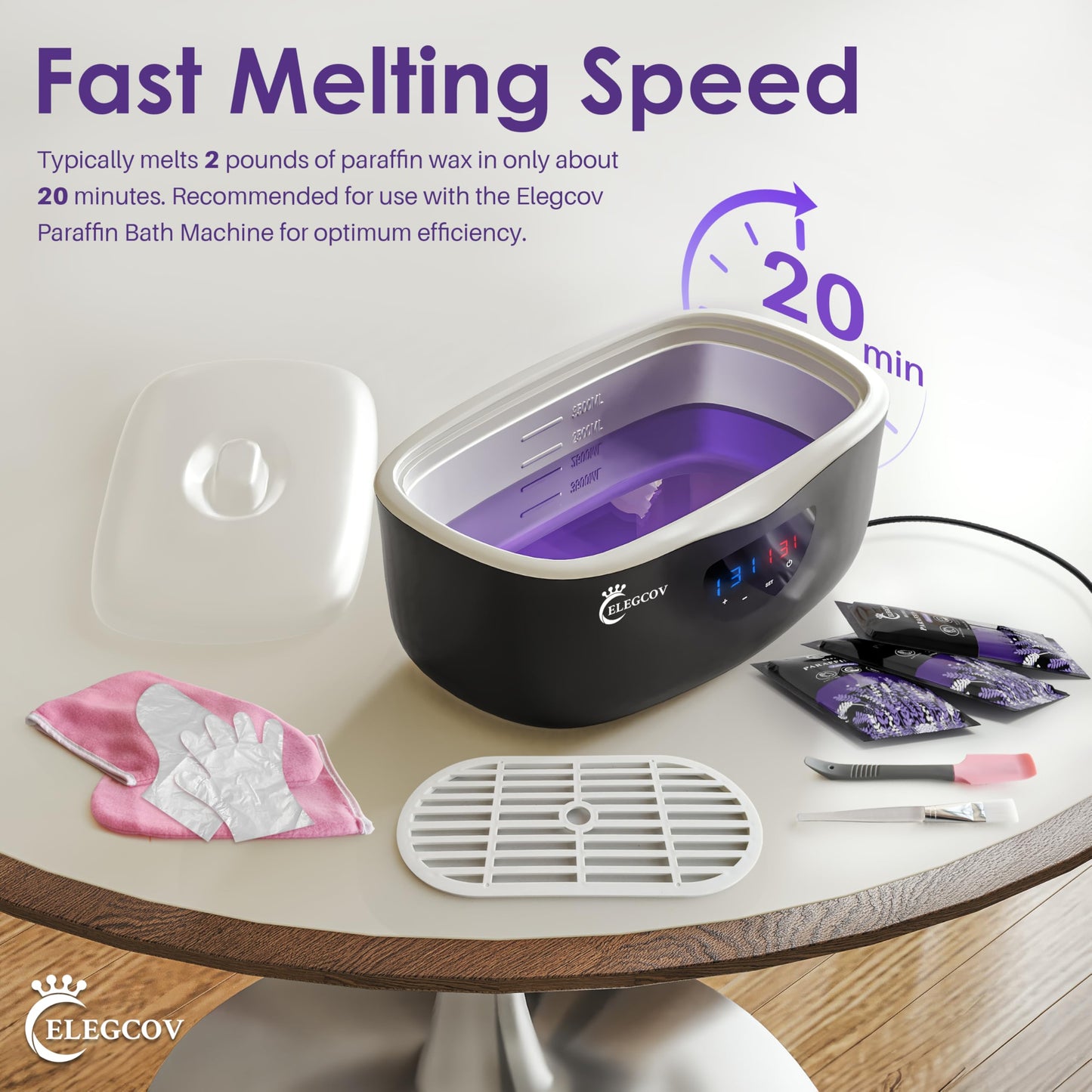 Hardened lavender paraffin wax being smoothly peeled off from a hand after treatment.